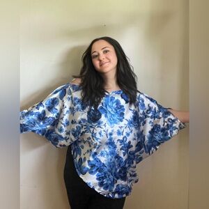 Blue Floral Poncho Top ✨ Handmade Custom Batwing Top ✨